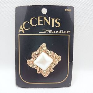 Vintage Streamline Large 1.5" Square Button Aged Copper Tone White Pearl Center